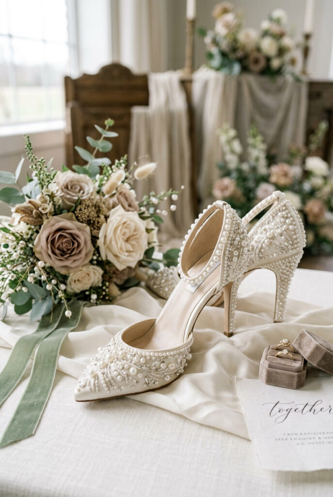 Bridal shoes with pearl detail styled with flowers and rings
