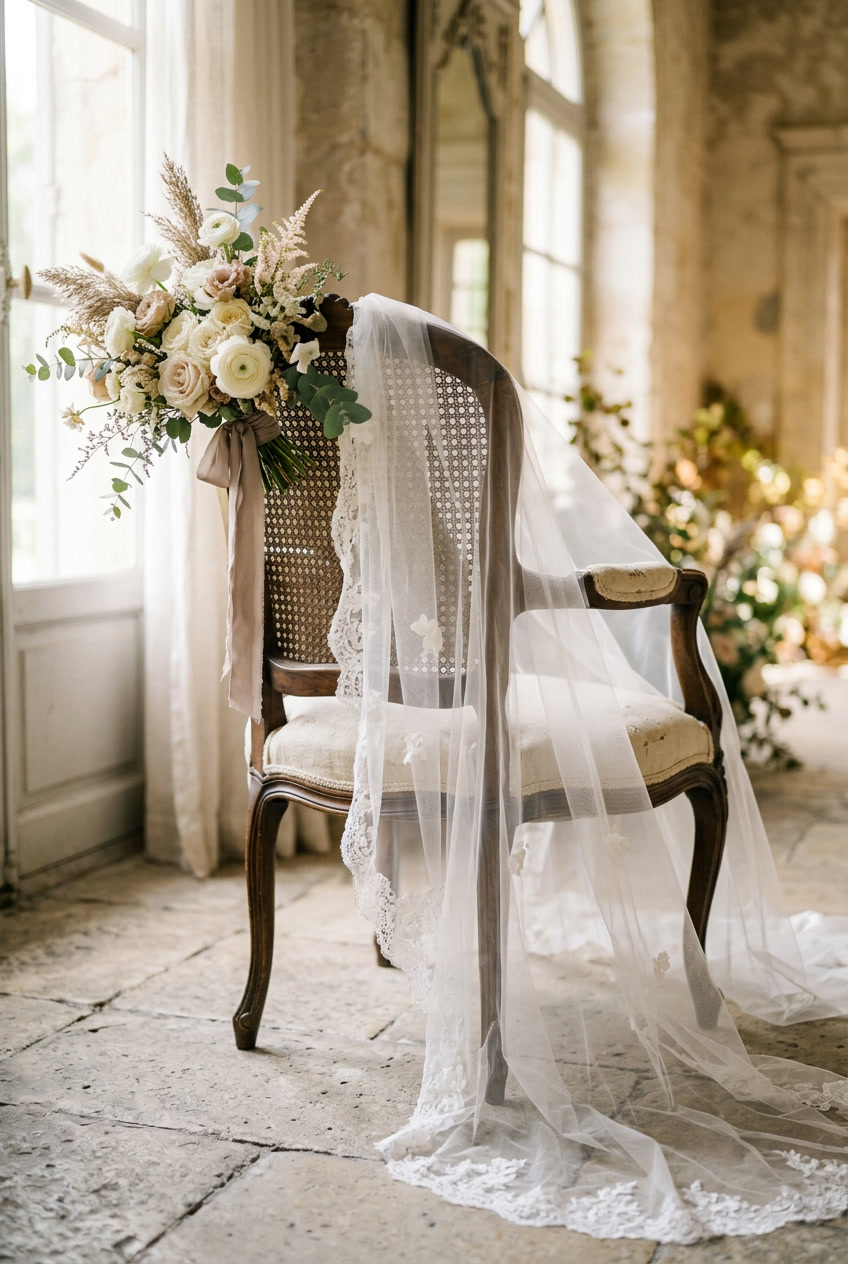Soft bridal veil draped over a chair with wedding bouquet