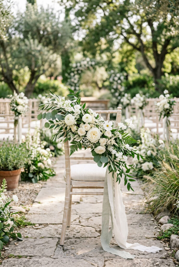 Wedding chair decorated with white flowers and greenery at an outdoor ceremony