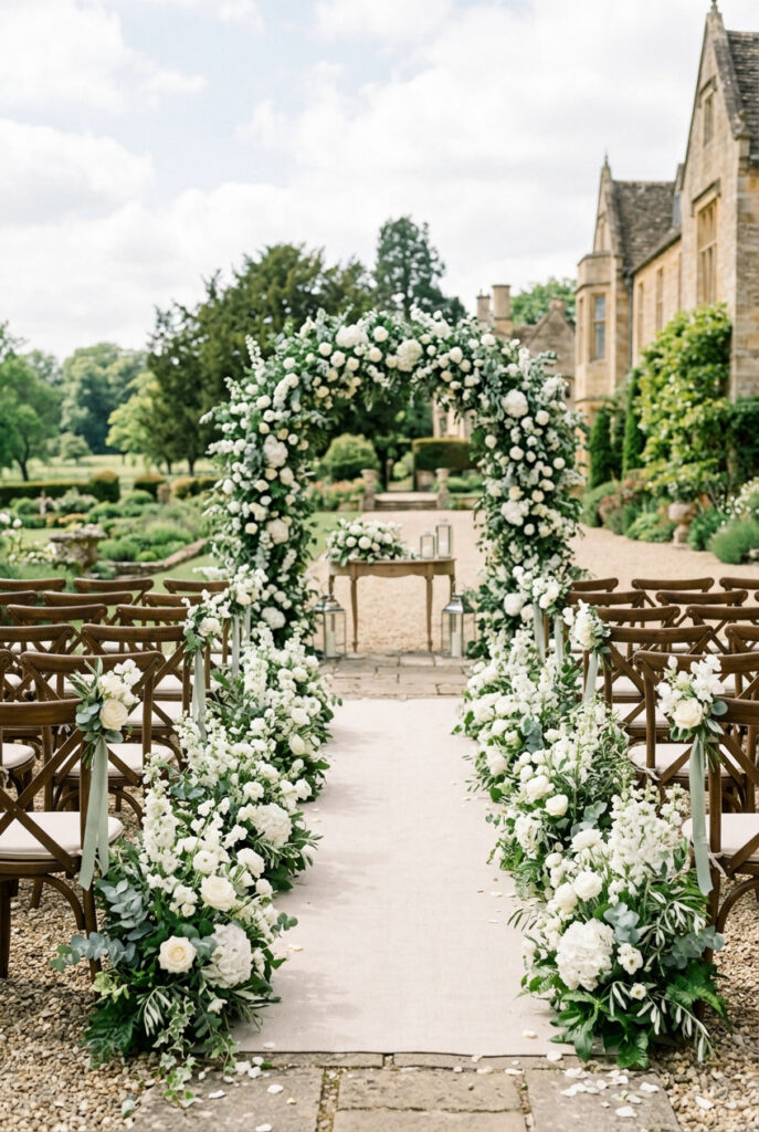 Outdoor wedding ceremony setup with white flowers and sage greenery