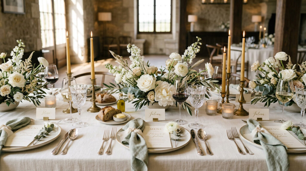 Elegant wedding reception table setting with candles, florals and sage napkins