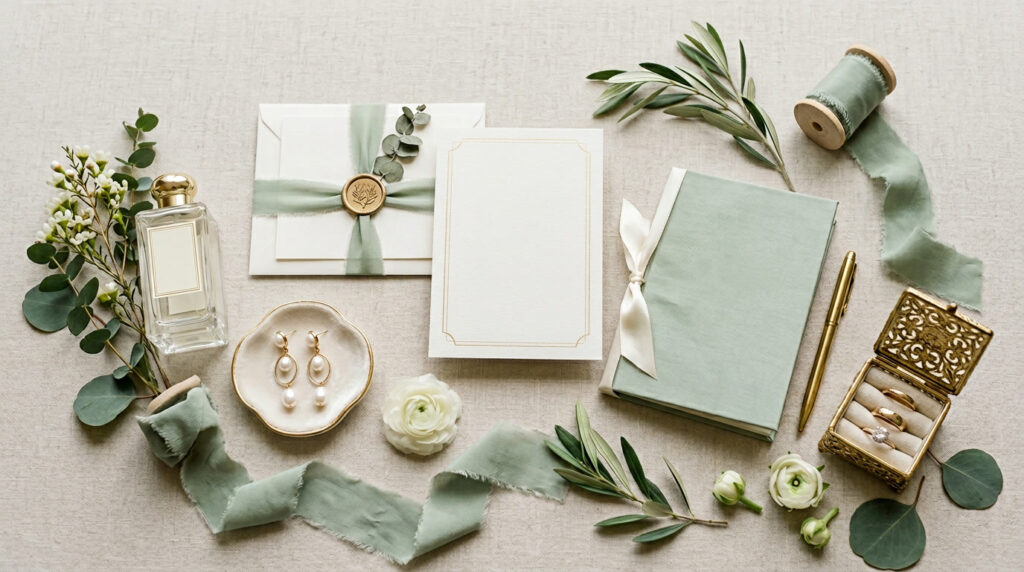 Wedding details flat lay with perfume, ribbon, jewellery and vow book in soft sage and ivory tones